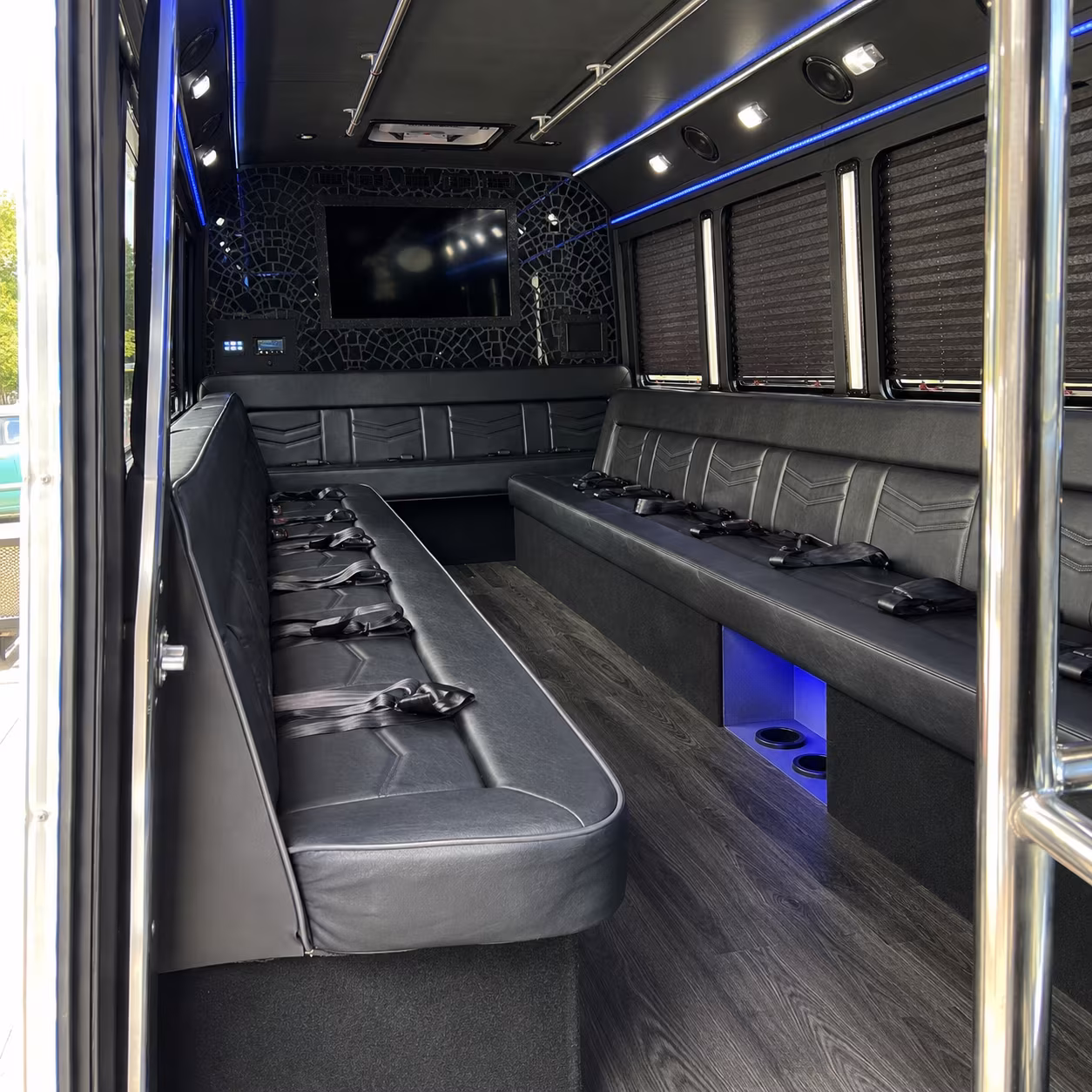 Interior of a party bus rental serving San Diego